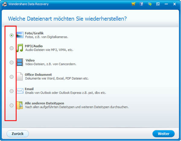 daten wiederherstellen, dateitypen auswählen