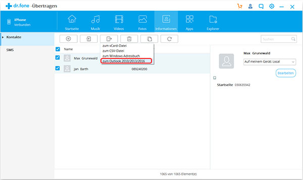 kontakte vom iphone in outlook übertragen