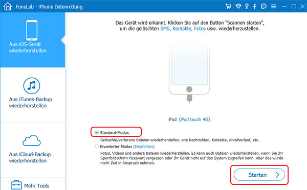 iPhone Daten wiederherstellen, Gerät scannen