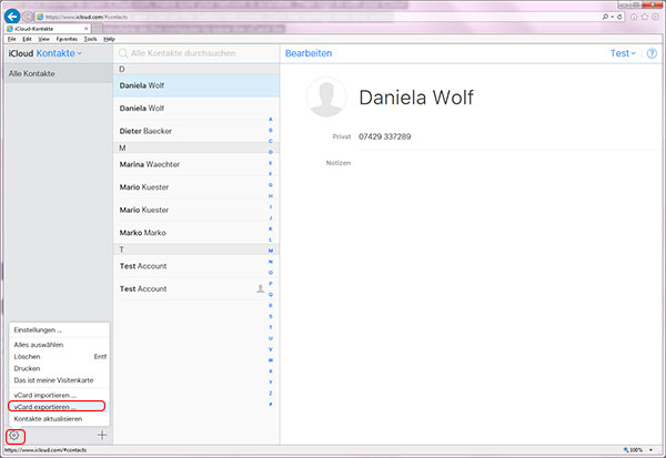 vcard exportieren