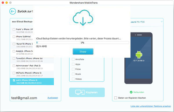 MobileTrans für Mac, Daten von aus iCloud Backup-Datei wiederherstellen