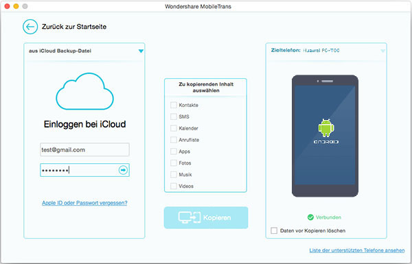 MobileTrans für Mac, Daten von aus iCloud Backup-Datei wiederherstellen