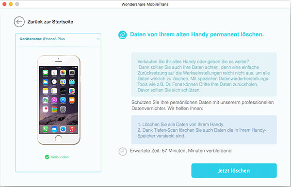 MobilTrans für Mac, Daten vom alten Handy dauerhaft löschen