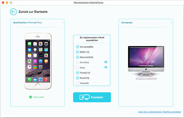 MobileTrans für Mac, Mobiltelefon Daten auf dem Mac sichern und wiederherstellen