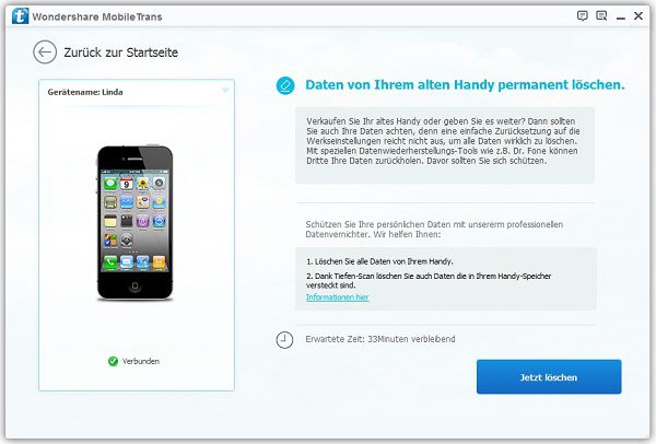 MobilTrans, Daten vom alten Handy löschen