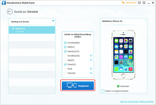 MobileTrans, Daten von der gespeicherten Backup-Datei wiederherstellen