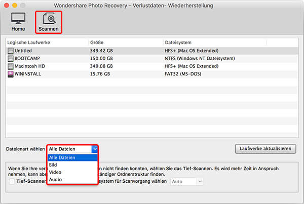fotos wiederherstellen mac, dateityp auswählen
